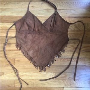 Suede leather top - backless halter fringe